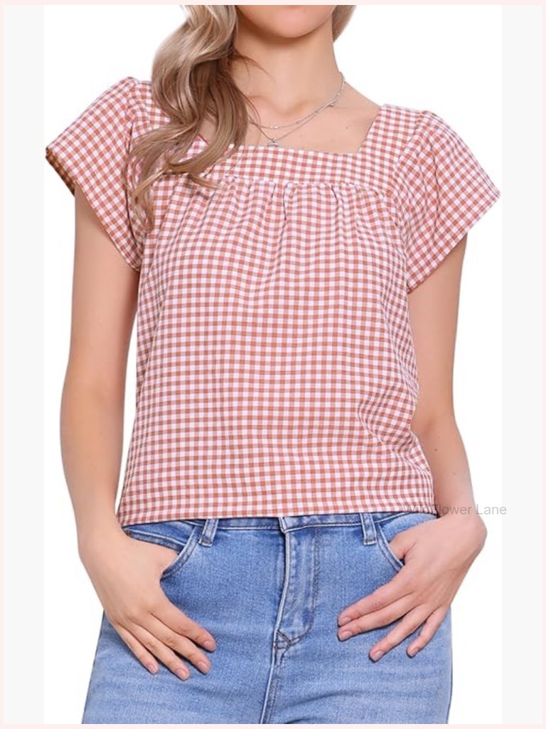Cap Sleeve Square Neck Plaid Blouse Cute Summer Top